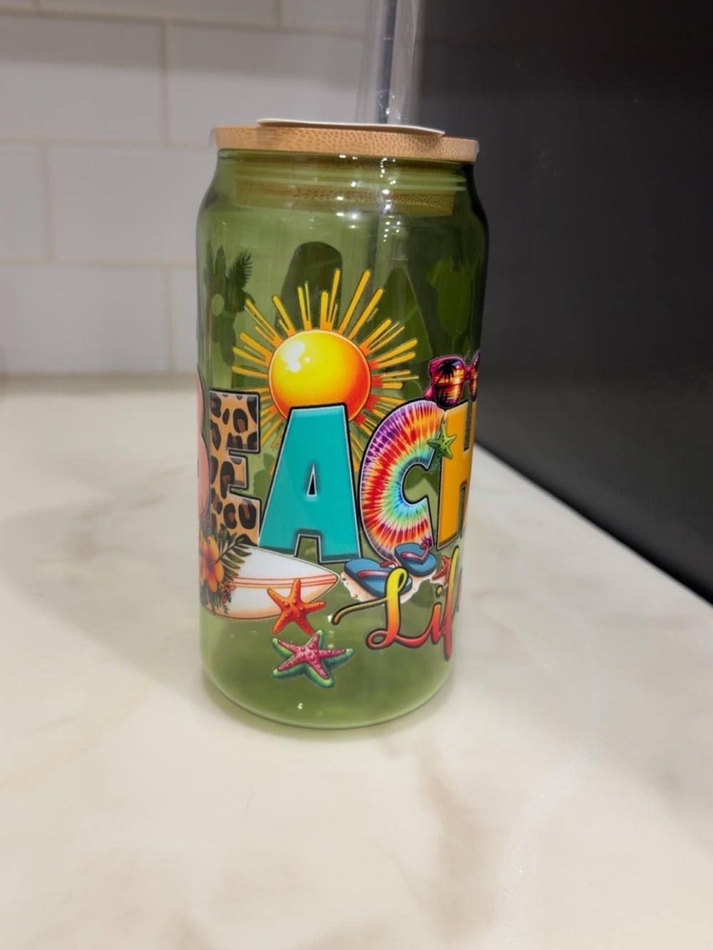 Green Beach-Graphic Glass Canister with Bamboo Lid